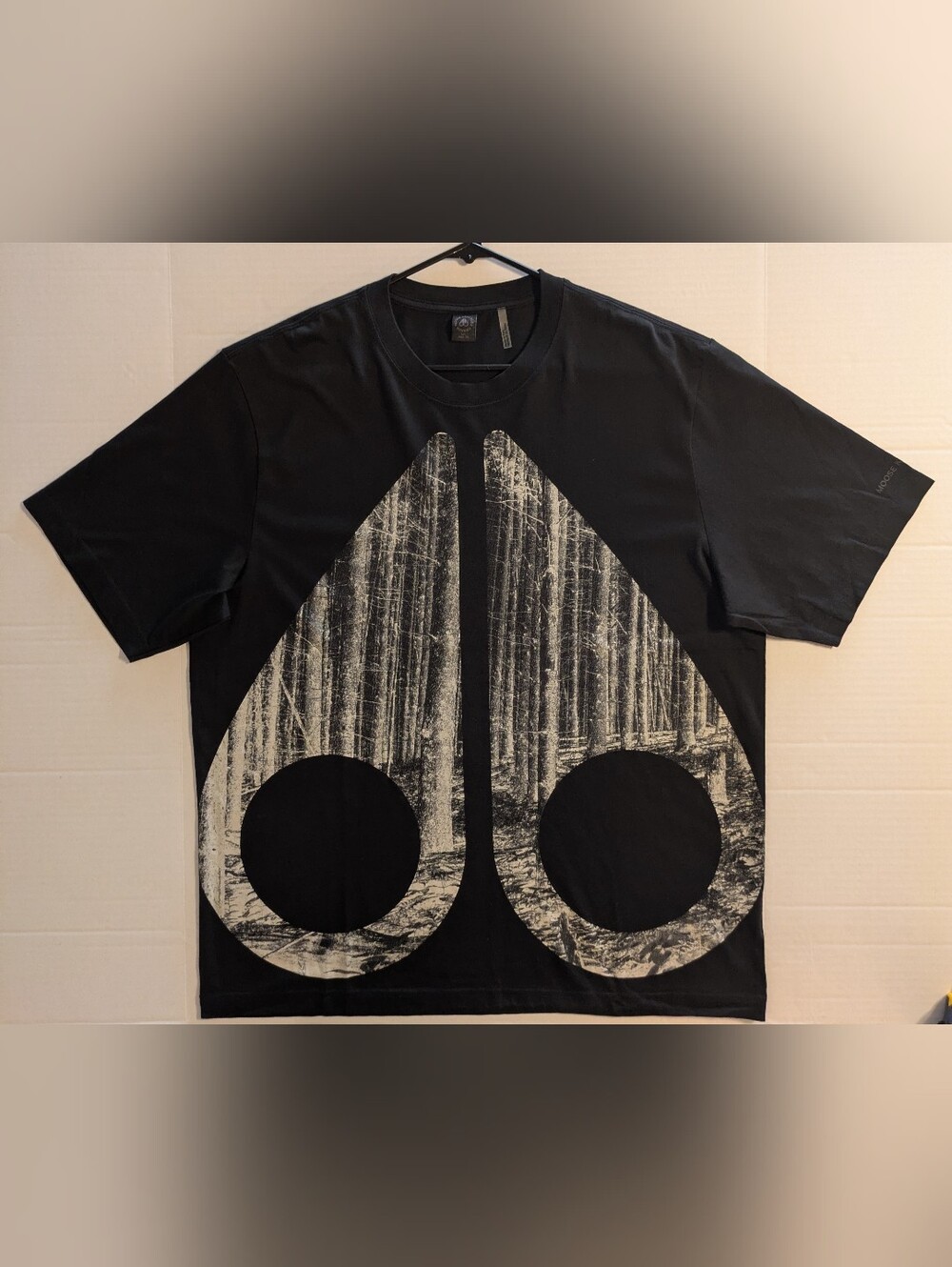 Moose Knuckles Black Crewneck T-Shirt  Monochrome Forest Graphic- L (NWOT)